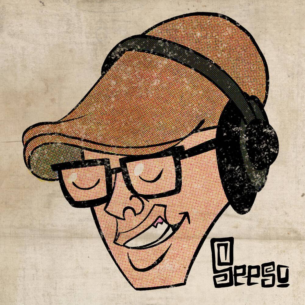 Cartoon of Narciso in a flat cap, glasses, and headphones, eyes closed and grinning, signed “Seeso.”